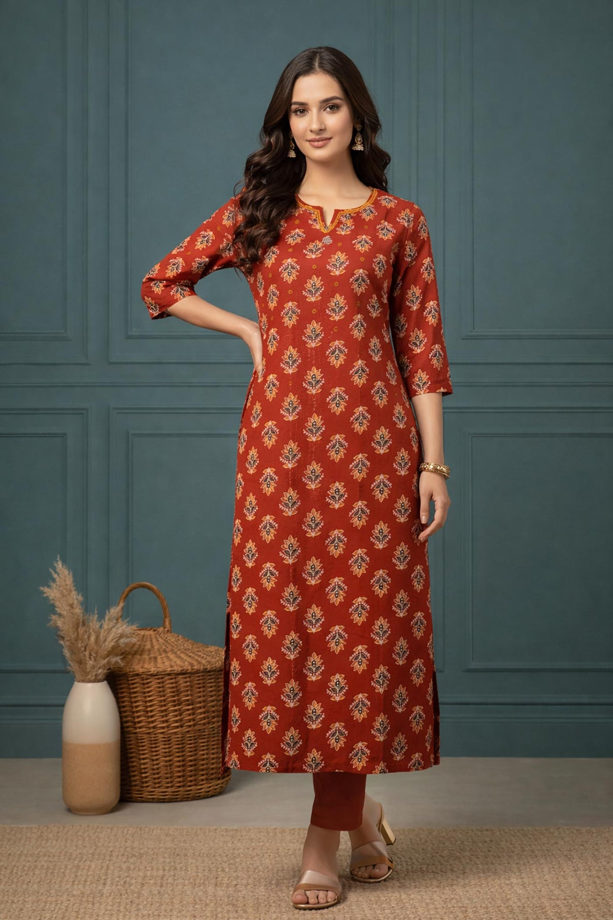 SN156 women’s rust red cotton straight kurti with handblock print and three-quarter sleeves front pose view