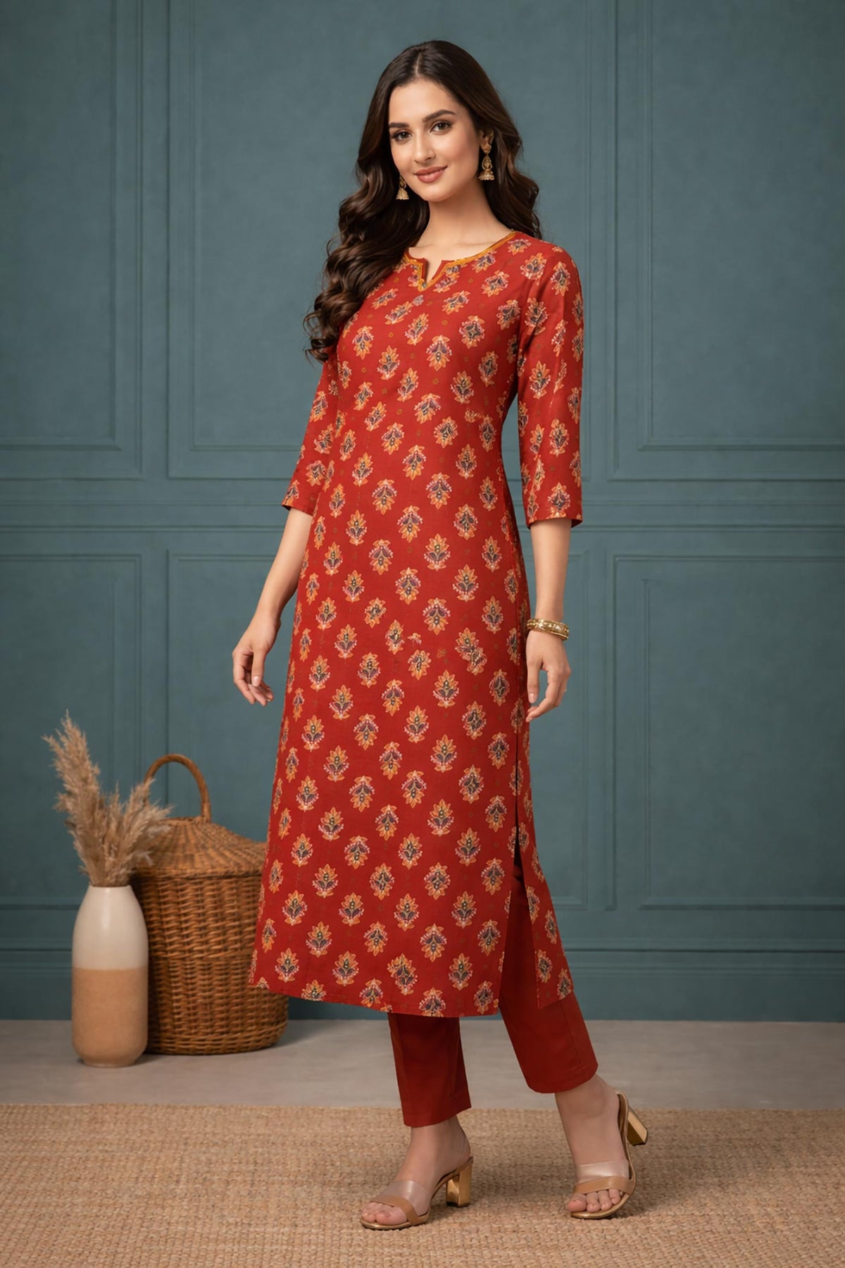 SN156 women’s rust red cotton straight kurti side pose highlighting side slit and three-quarter sleeves