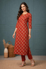 SN156 women’s rust red cotton straight kurti side pose highlighting side slit and three-quarter sleeves