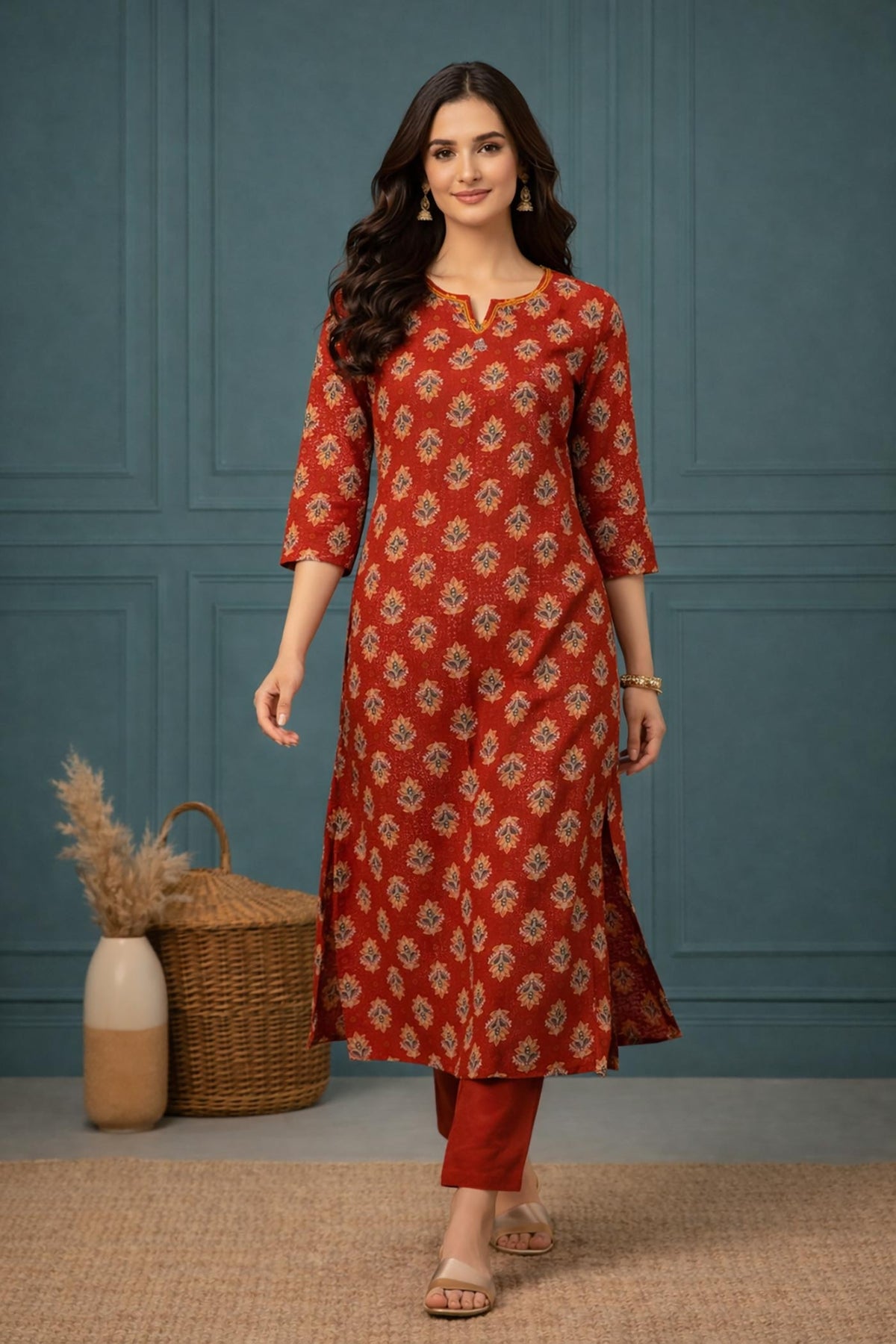 SN156 women’s rust red cotton straight kurti walking pose styled with matching pants and block heels