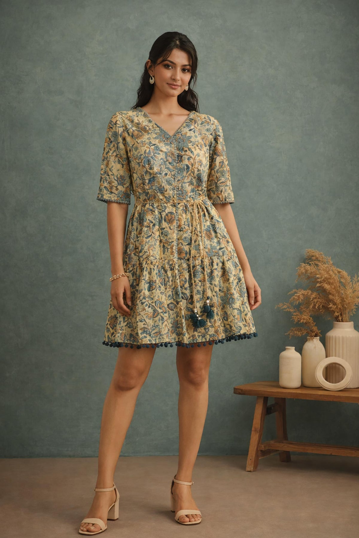 SN159 women’s butter yellow floral cotton tiered dress with V-neck and elbow sleeves front view