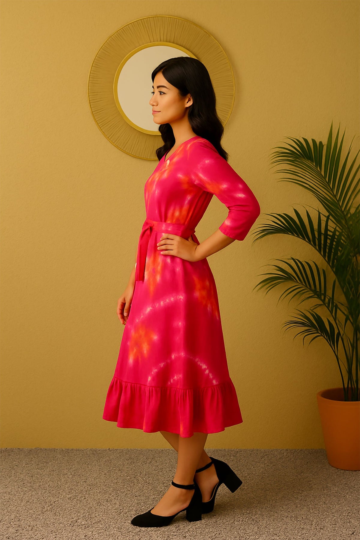 Side view of women’s pink orange tie-dye rayon midi dress with 3/4 sleeves