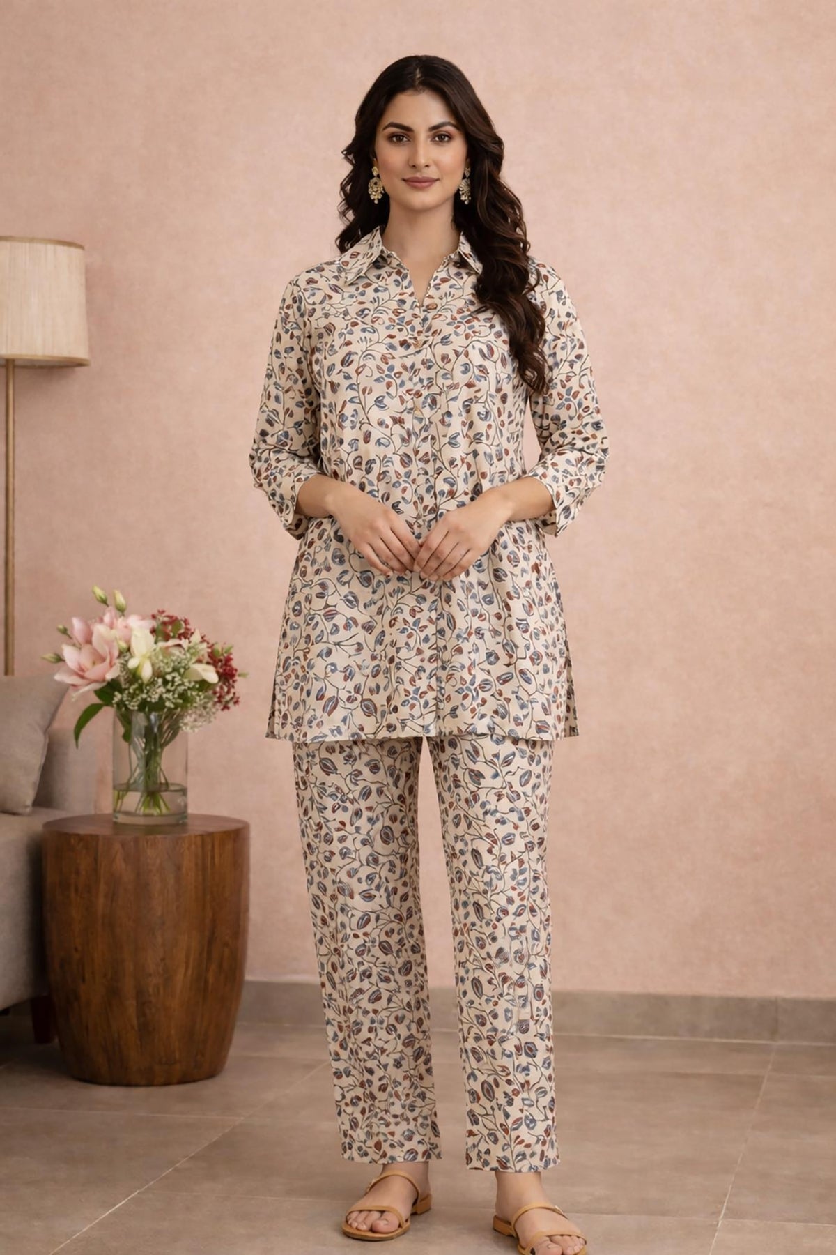 SN160 women’s ivory botanical print cotton kurta pant set with three-quarter sleeves front pose view