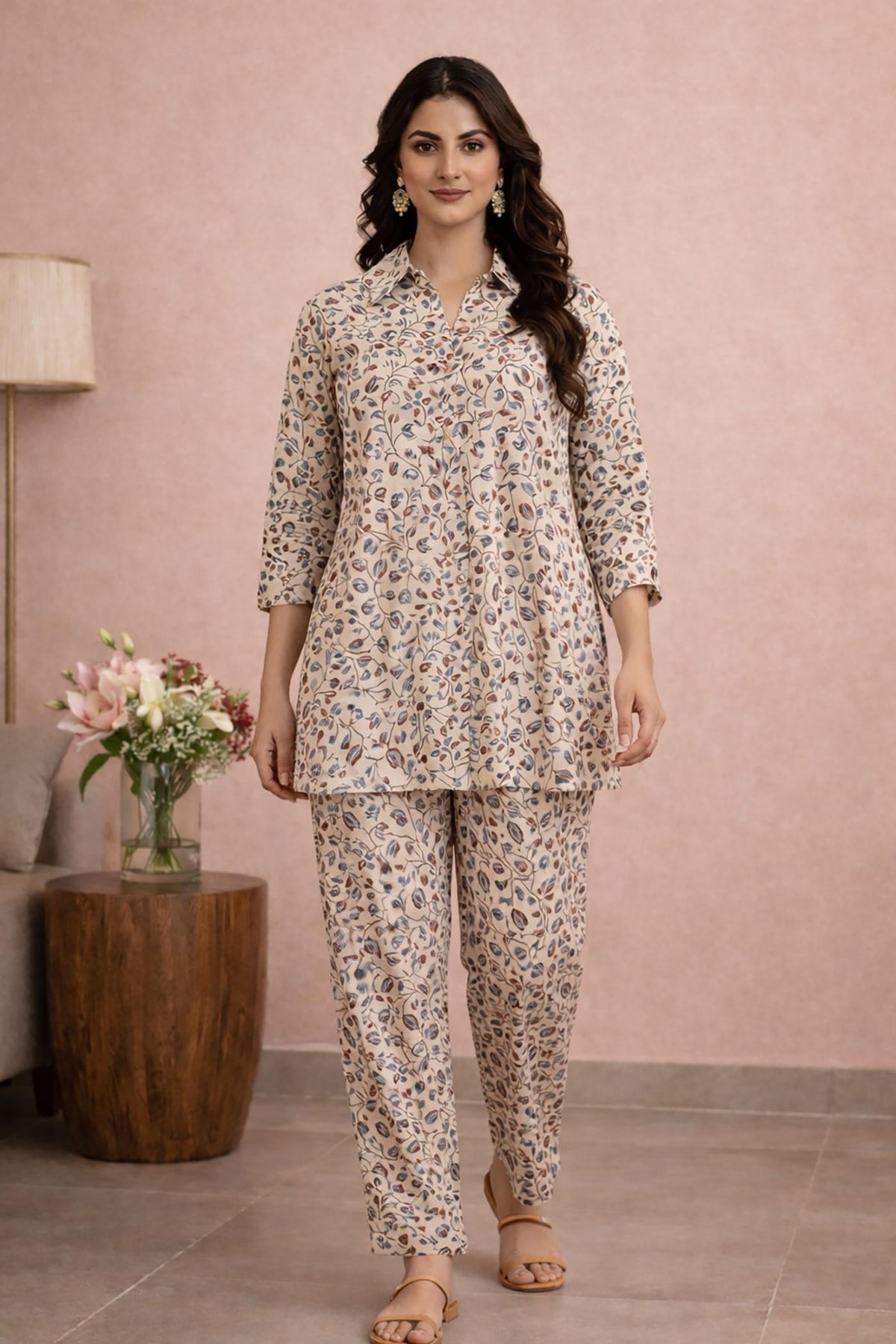 SN160 women’s ivory cotton kurta pant set in botanical print walking pose with natural fabric movement