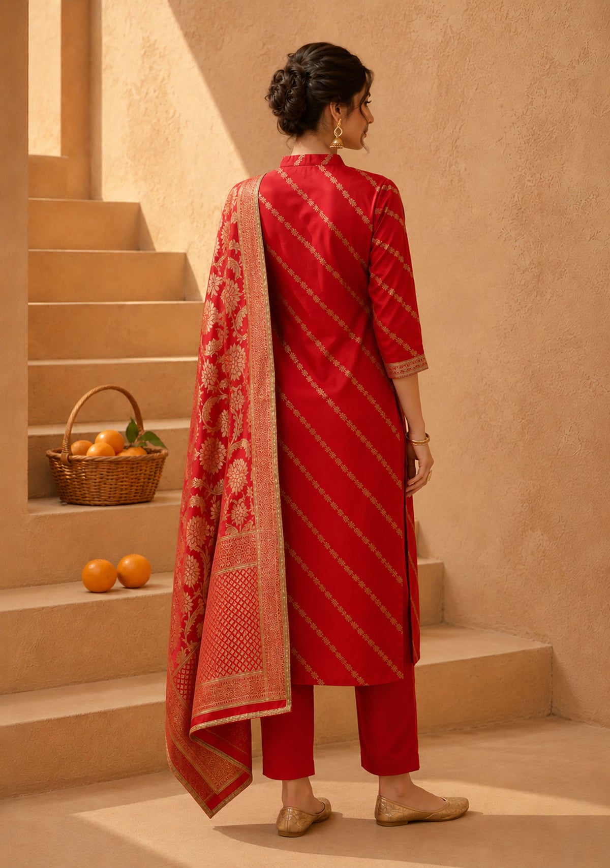 SN161 women’s festive red zari embroidered kurta set three-quarter sleeves back pose