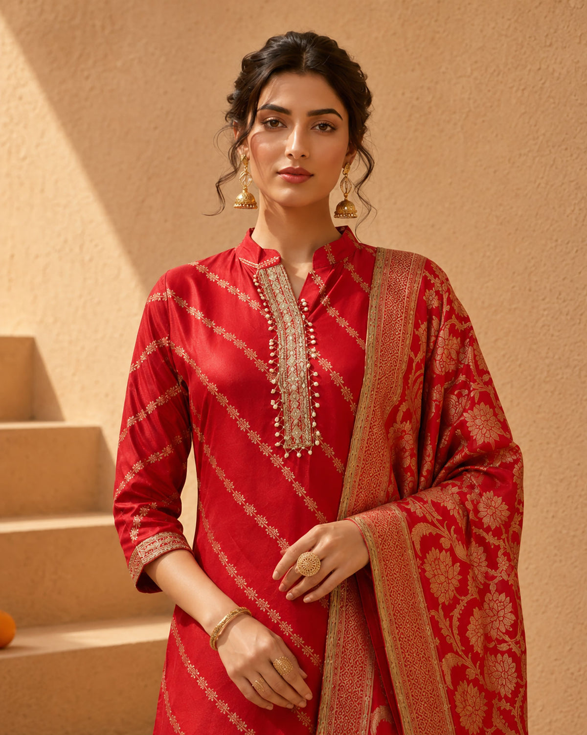 SN161 women’s red zari embroidered kurta set mandarin neckline and three-quarter sleeves closeup view