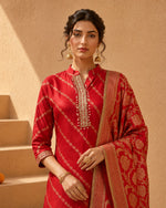 SN161 women’s red zari embroidered kurta set mandarin neckline and three-quarter sleeves closeup view