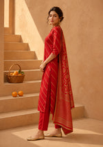 SN161 women’s red silk blend kurta set with three-quarter sleeves and dupatta side pose