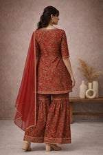 SN162 women’s red cotton silk kurta sharara set with three-quarter sleeves and paisley print back view.