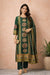 Front view forest green kurta pant set with central print panel, striped dupatta and gold sandals.
