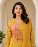 SN164 women’s mustard V-neck long sleeve kurta set closeup showing neckline and embroidery detail