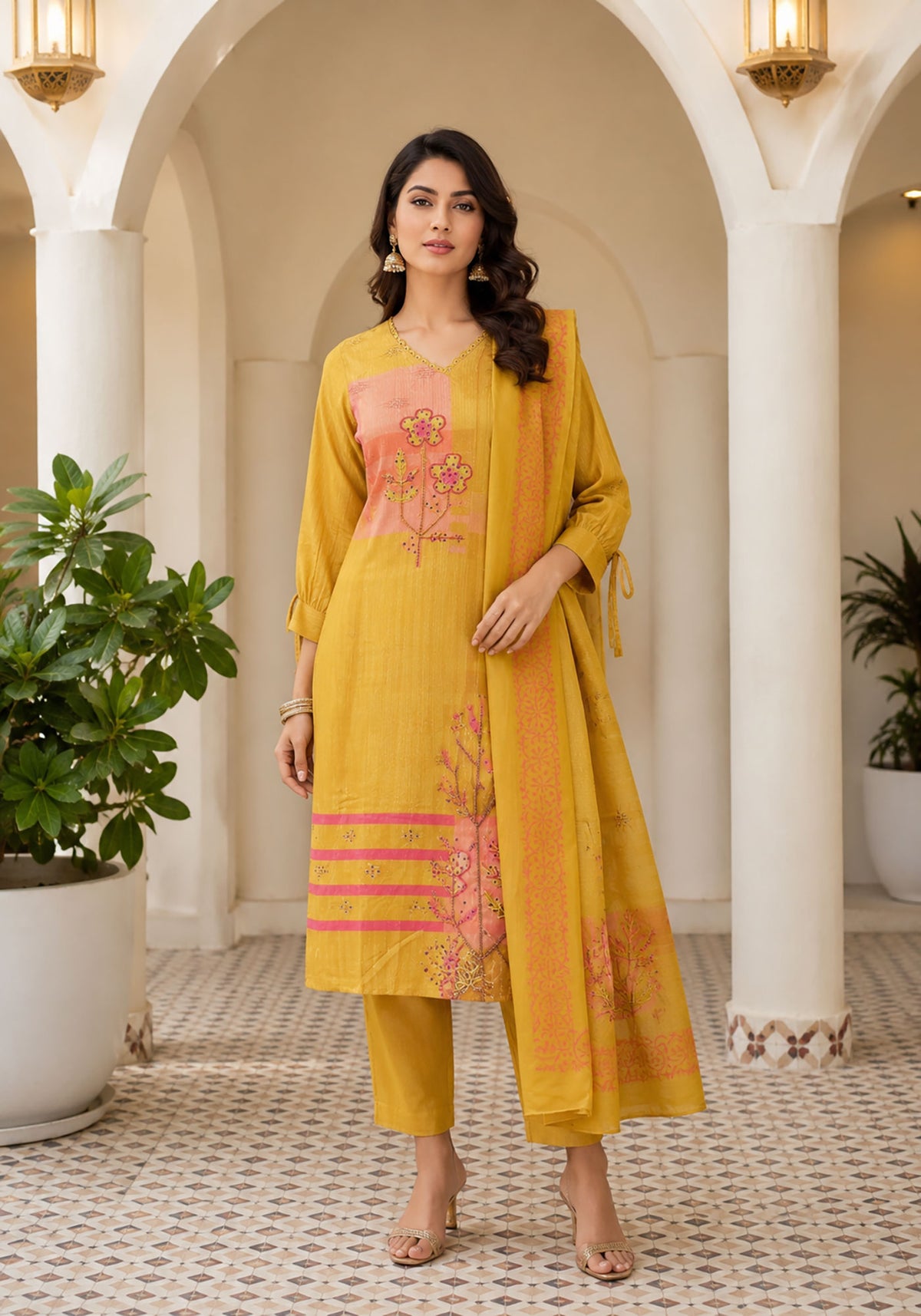 SN164 women’s mustard kurta set with long sleeves and V-neck in elegant front pose