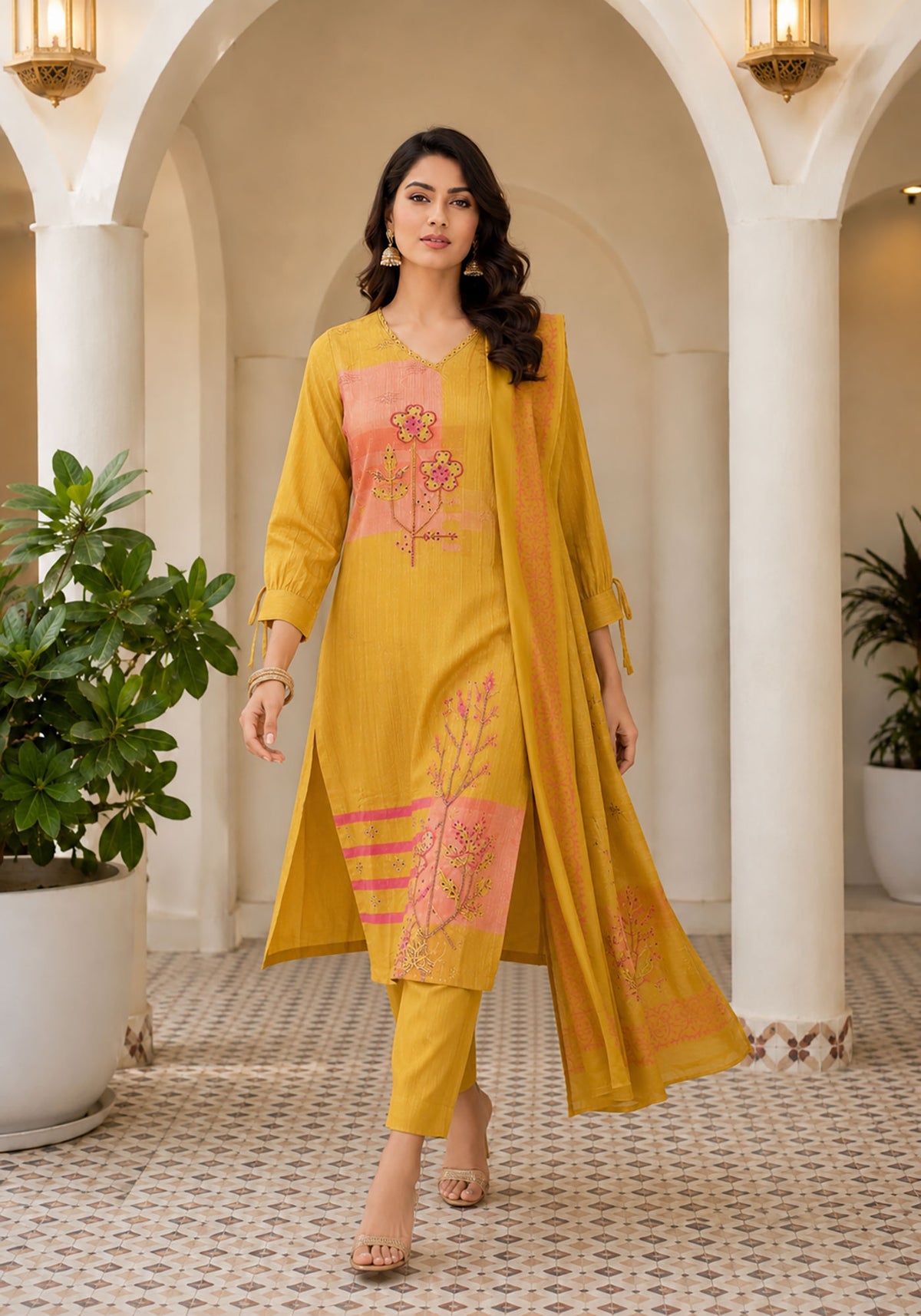 SN164 women’s mustard V-neck long sleeve kurta set in walking pose with flowing dupatta