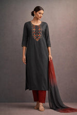 SN167 women’s charcoal grey embroidered cotton kurta set with three-quarter sleeves and straight fit front view