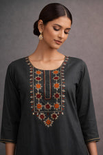 SN167 women’s charcoal grey kurta set closeup showing floral embroidery and round neckline detail