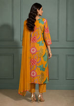 SN168 women’s mustard abstract print three-quarter sleeve kurta set back pose studio view