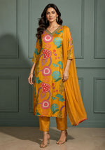 SN168 women’s mustard abstract print V-neck three-quarter sleeve kurta set front pose studio image