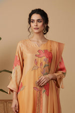 SN169 women’s peach floral embroidered silk kurta set close-up showing V-neck and detailed embroidery