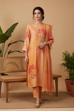 SN169 women’s peach floral embroidered silk kurta set with V-neck and three-quarter sleeves front view