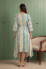 Back view of women’s multicolor cotton midi dress with relaxed fit and flow