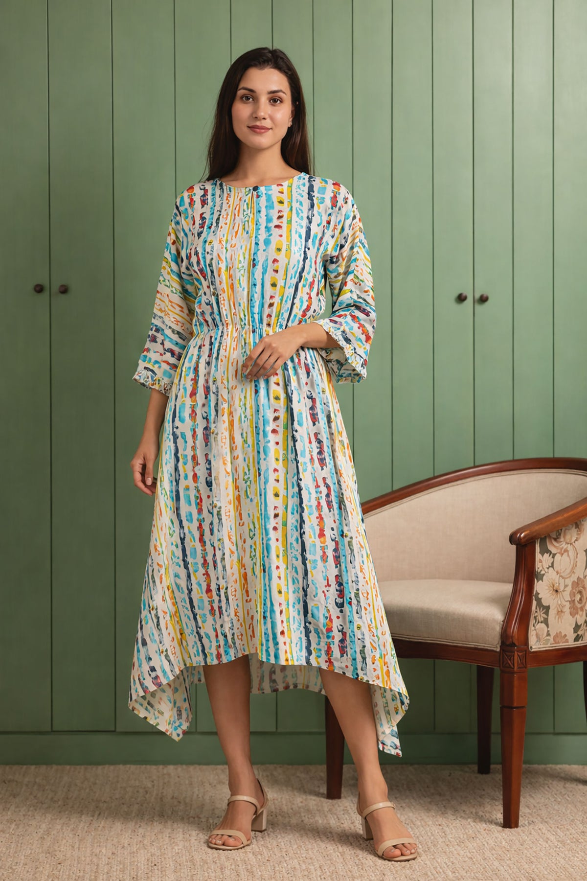 Women’s ivory multicolor cotton midi dress with pockets front pose