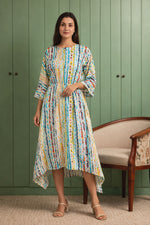 Women’s ivory multicolor cotton midi dress with pockets front pose