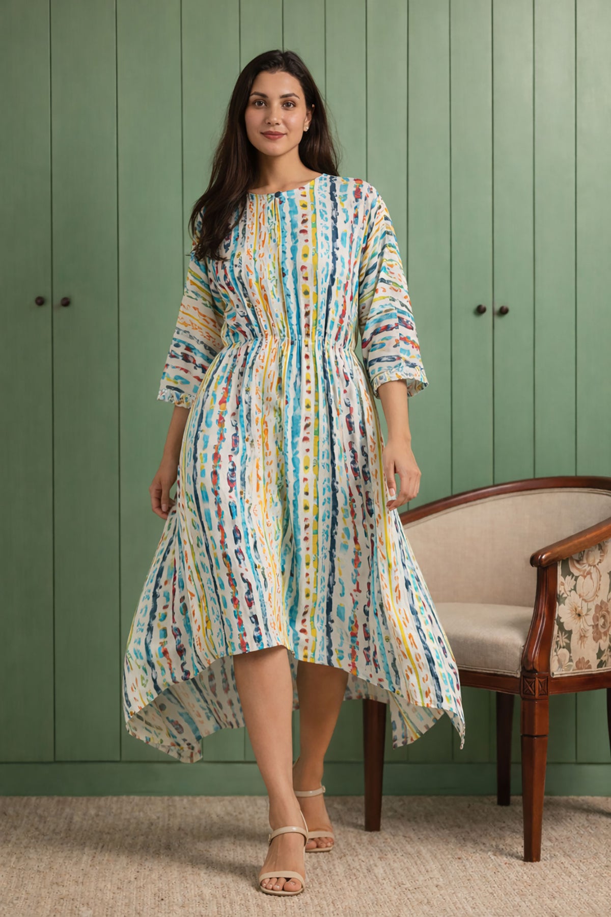 Women’s multicolor cotton midi dress walking pose showing flow and movement
