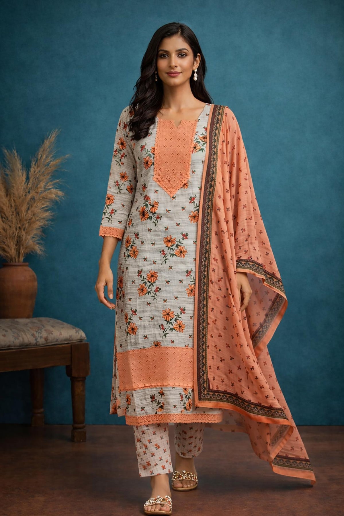 SN170 women’s floral cotton kurta set with peach dupatta and straight pants walking pose