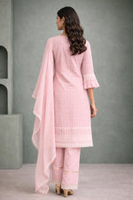 SN171 women’s baby pink chikankari cotton kurta set back pose, straight cut with lace hem and dupatta.