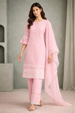 SN171 women’s baby pink chikankari cotton kurta set with V-neck and three-quarter sleeves, front pose.