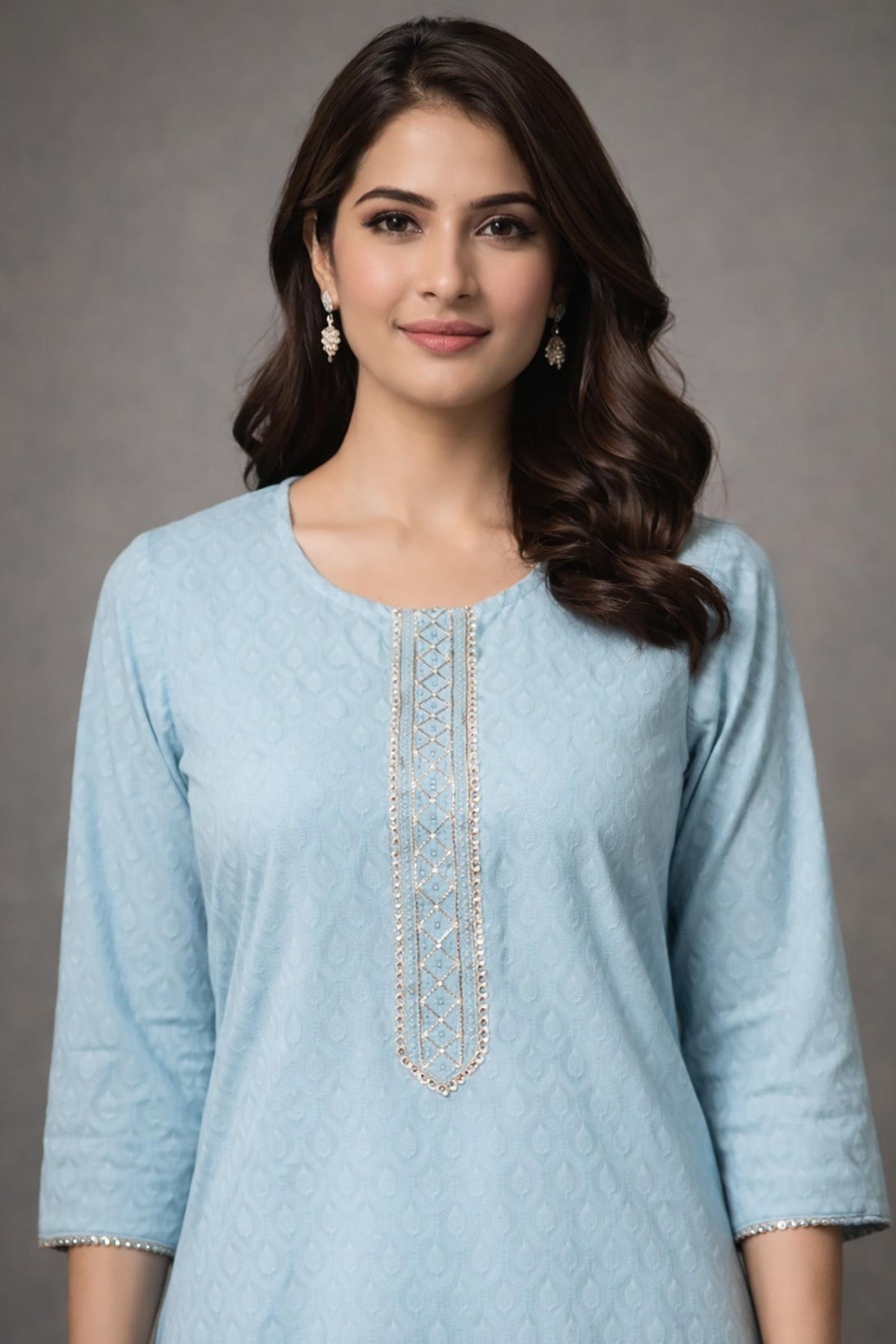 SN172 women’s powder blue cotton jacquard kurta with embroidered neckline and three-quarter sleeves, close-up view