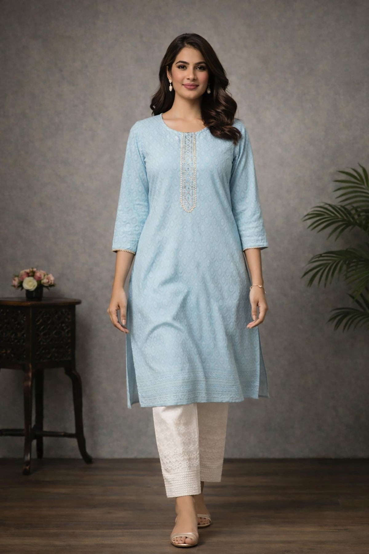 SN172 women’s powder blue cotton jacquard kurta pant set in motion with straight fit and three-quarter sleeves