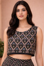 SN175 women’s black floral sleeveless crop top closeup showing round neckline and printed detail