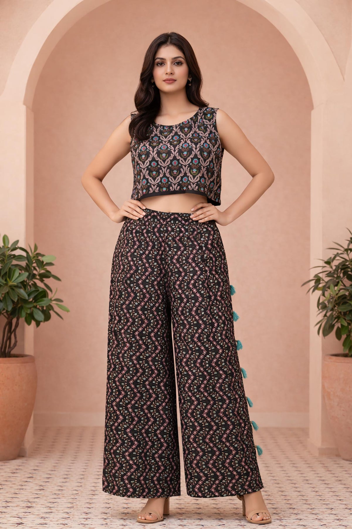SN175 women’s black floral print sleeveless crop top and wide-leg palazzo co-ord set front pose