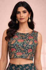 SN177 women’s teal lotus print cotton sleeveless crop top, round neckline close-up detail view.