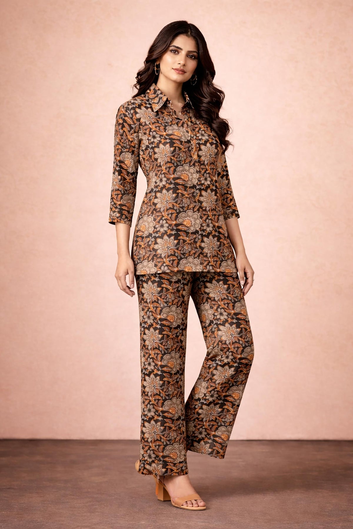 SN179 women’s brown floral cotton co-ord set with long sleeves and straight pants shown in side pose.