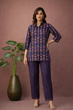 SN180 women’s indigo cotton kurta pant co-ord set with fan print, shirt collar and three-quarter sleeves front view