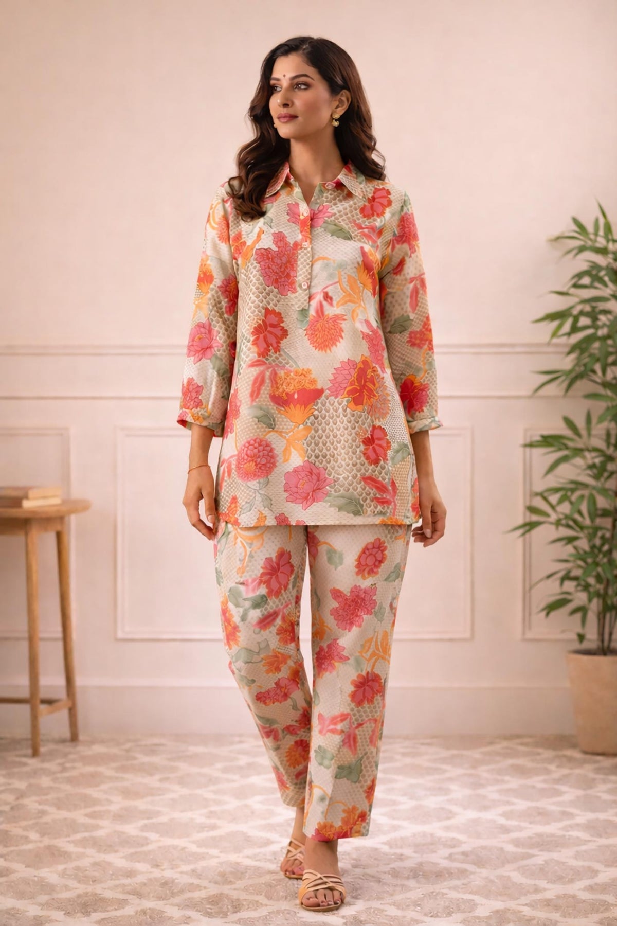 SN181 women’s ivory floral kurta co-ord set with shirt collar and three-quarter sleeves front view