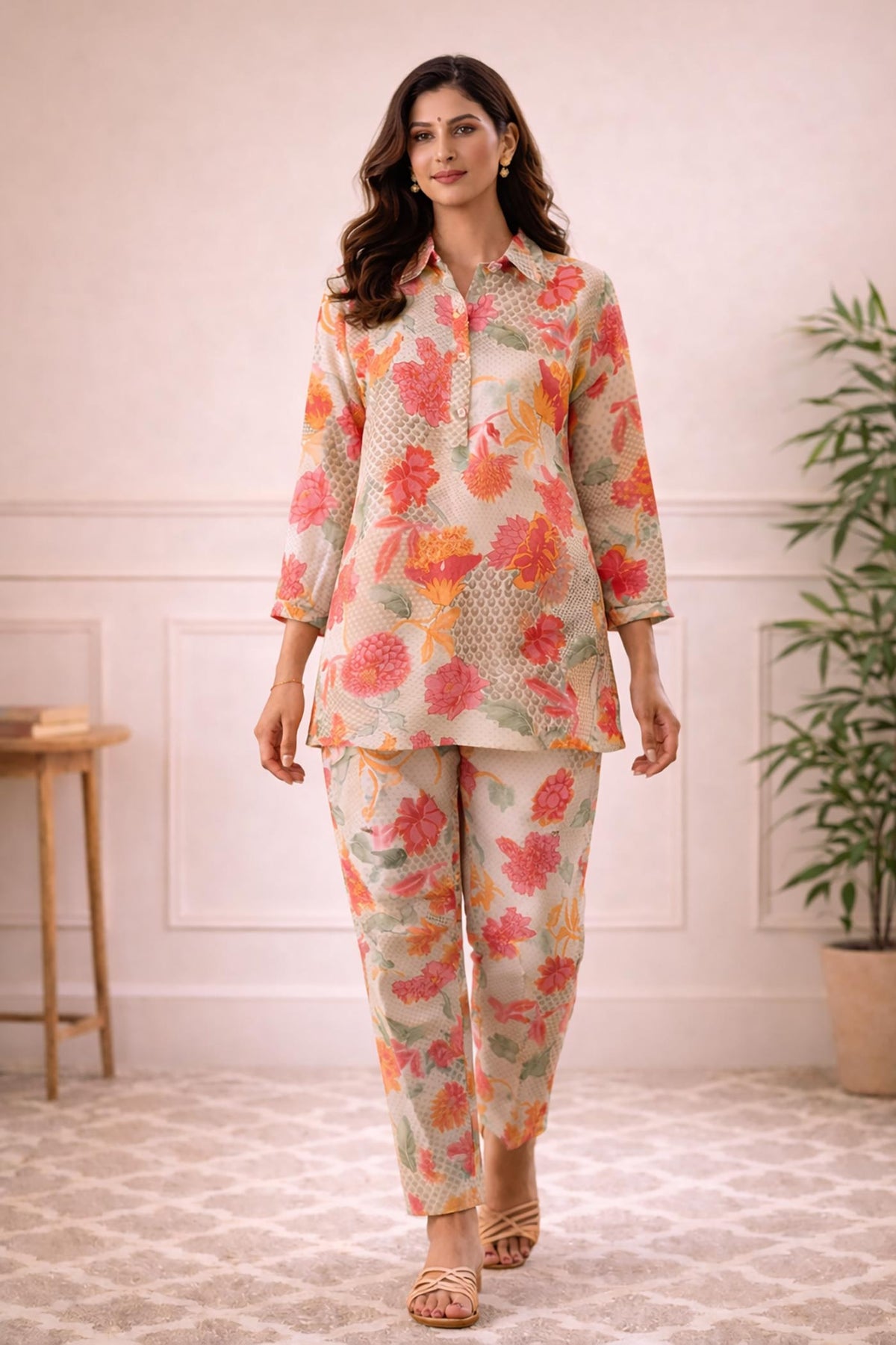 SN181 women’s ivory floral kurta co-ord set with three-quarter sleeves styled with flats walking pose
