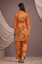 SN182 women’s burnt saffron floral silk blend co-ord set back view with long sleeves and floral print detail