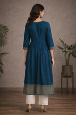 SN183 women’s teal blue cotton kurti back pose, gathered waistline, three-quarter sleeves, flared hem