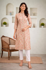 SN184 women’s beige floral cotton kurti with 3/4 sleeves and mandarin collar, straight fit front view.