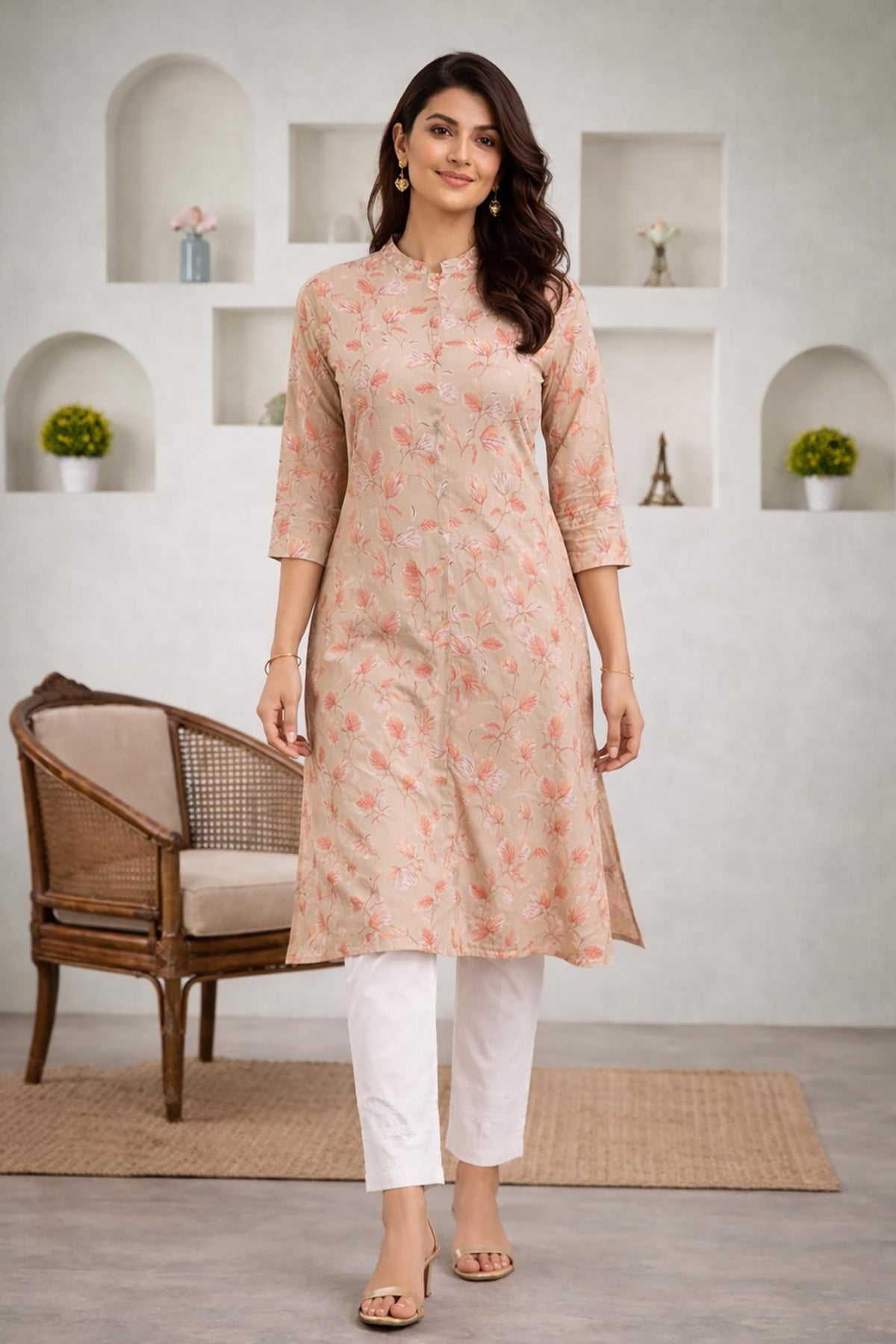 SN184 women’s beige floral cotton kurti in walking pose with straight fit and white pants styling.