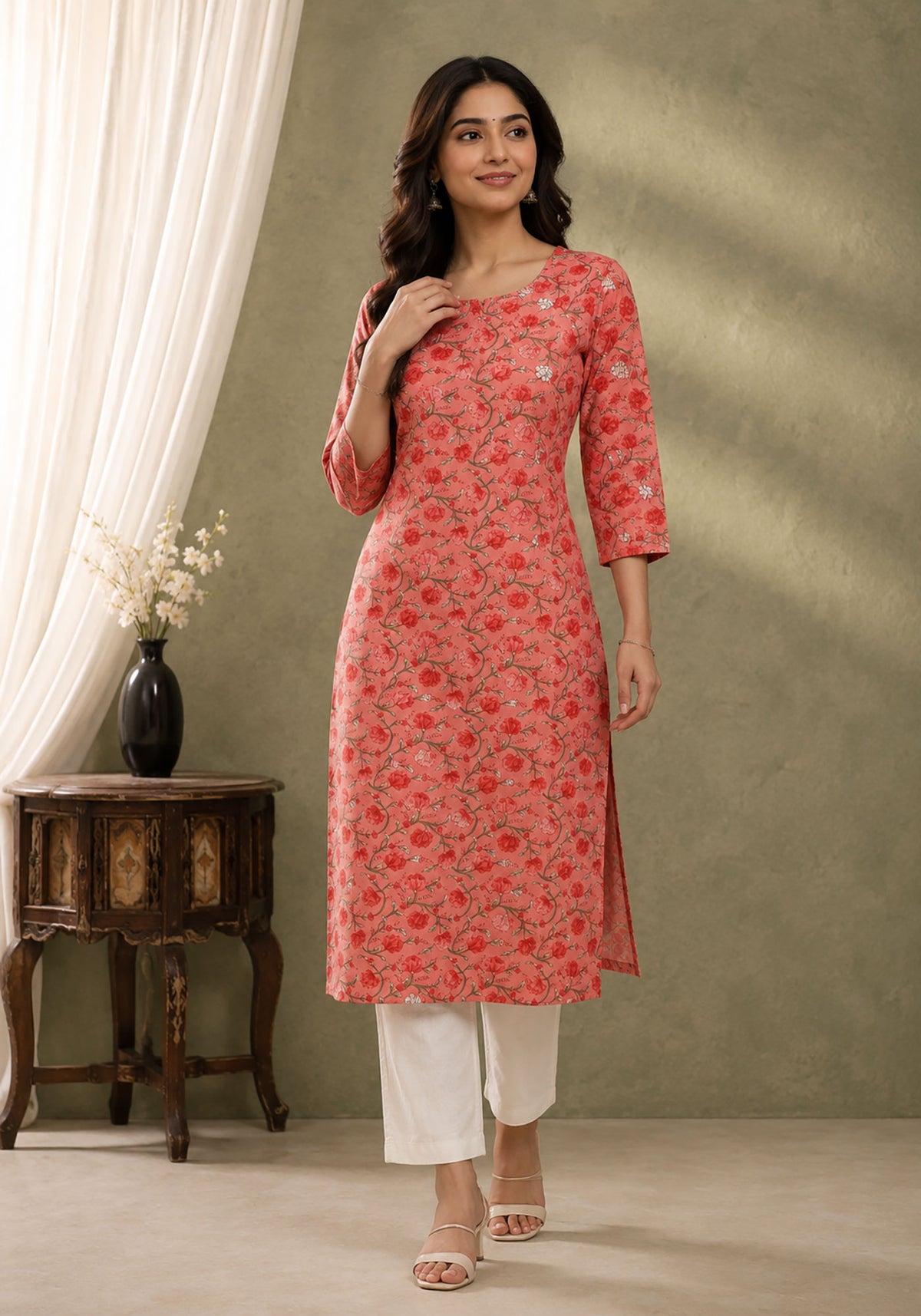 SN185 women’s coral floral cotton kurti with three-quarter sleeves and round neckline front pose