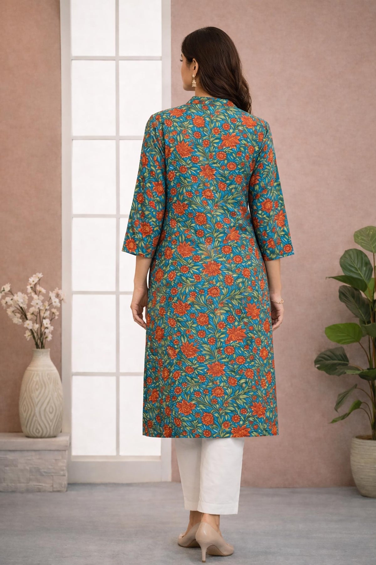 SN187 women’s teal floral cotton kurti with straight fit and three-quarter sleeves, back view