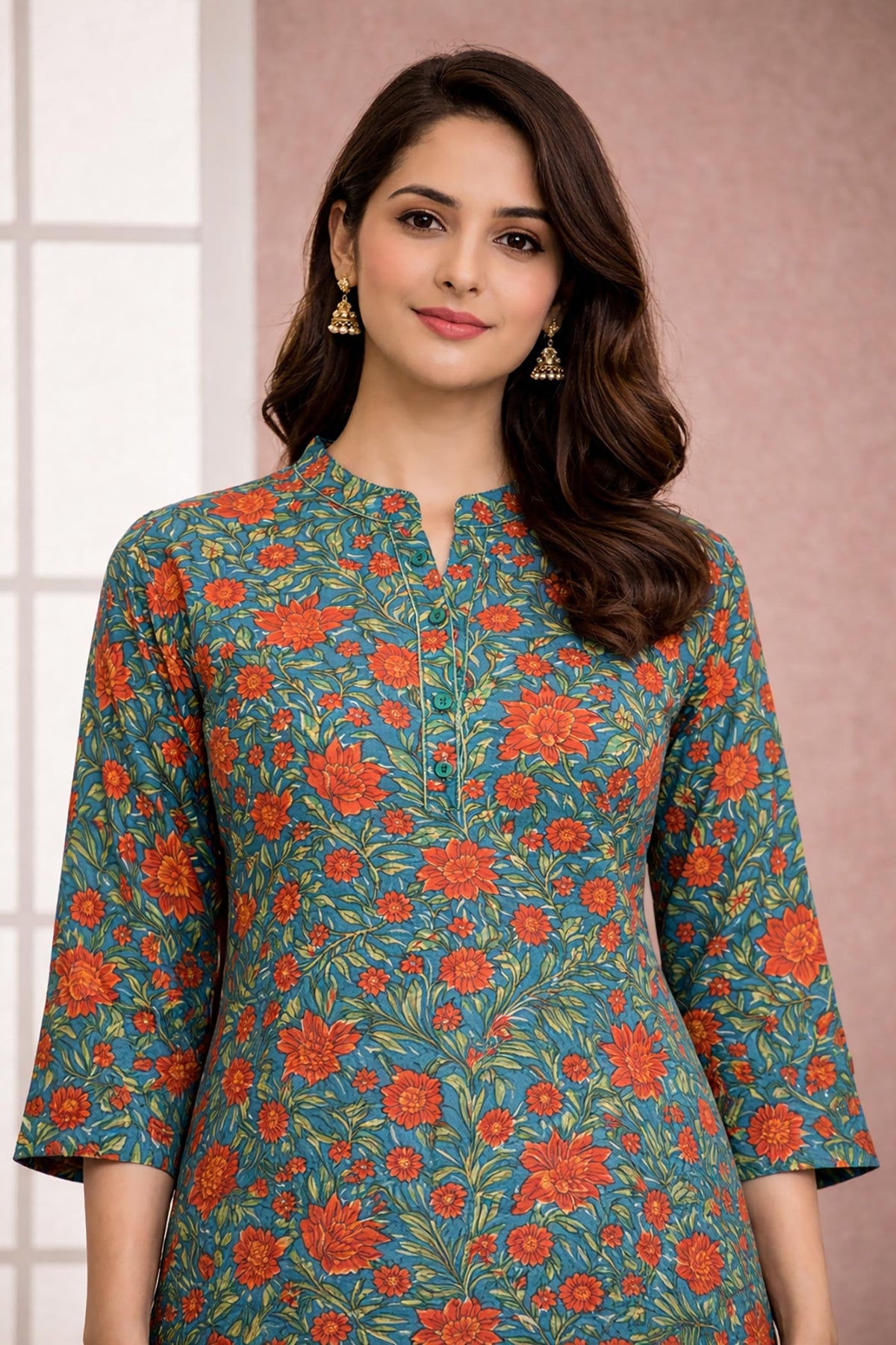 SN187 women’s teal floral cotton kurti closeup showing notch V-neck, button placket and three-quarter sleeves