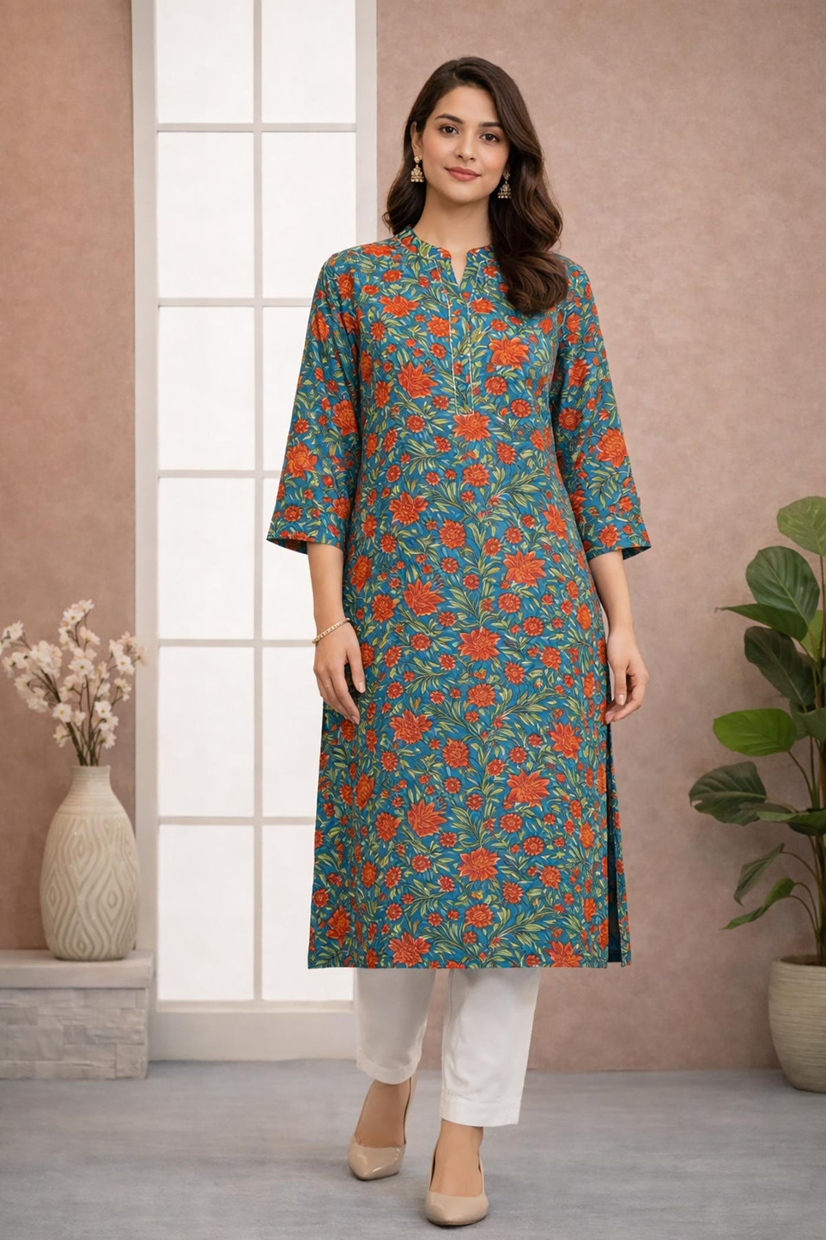 SN187 women’s teal floral cotton kurti with notch V-neck and three-quarter sleeves, straight fit front pose