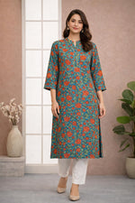 SN187 women’s teal floral cotton kurti with notch V-neck and three-quarter sleeves, straight fit front pose