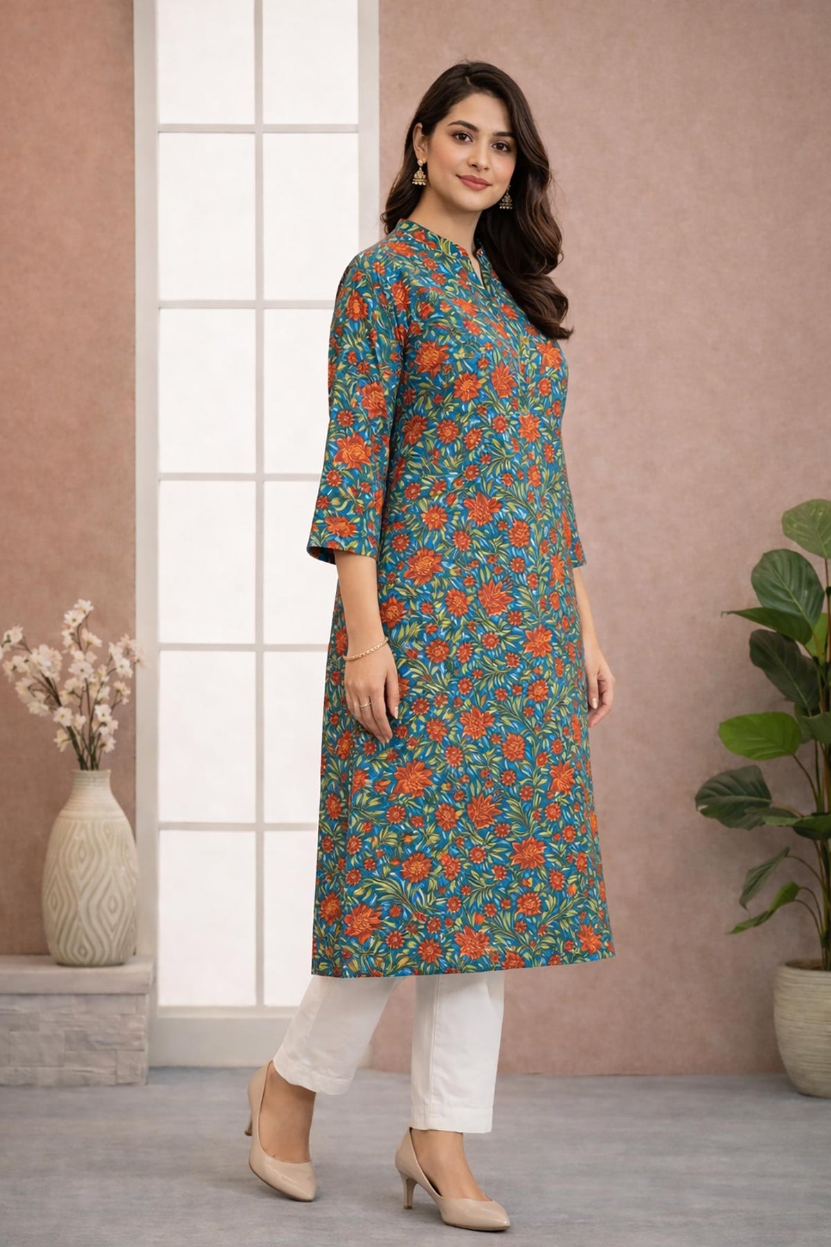 SN187 women’s teal floral cotton kurti with straight silhouette and three-quarter sleeves, side view