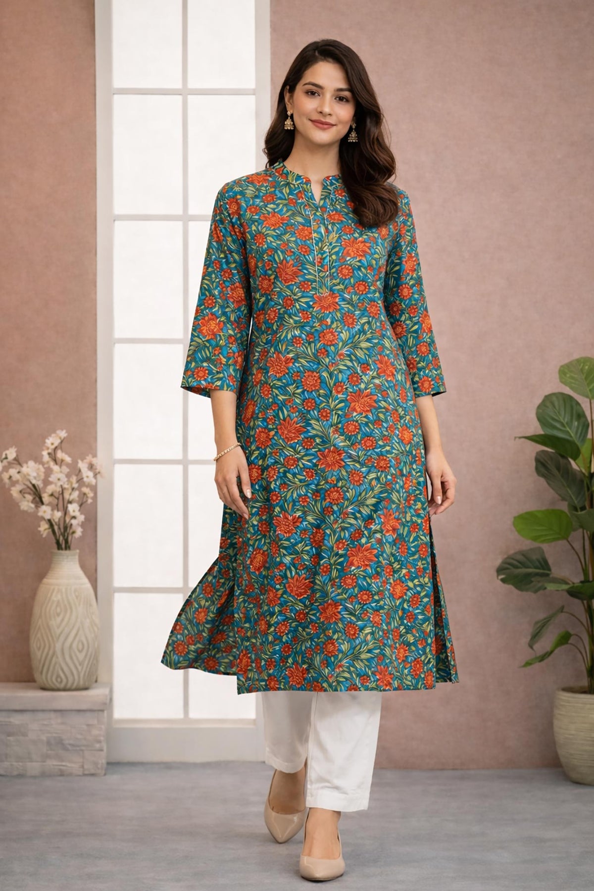 SN187 women’s teal floral cotton kurti in straight fit with notch V-neck and three-quarter sleeves, walking pose